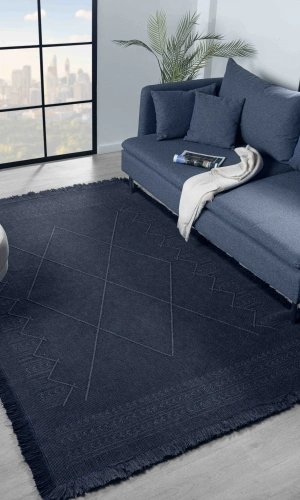 Antique MNC Dark Blue - Dört Tarafı Saçaklı Pamuklu Yıkanabilir Kilim