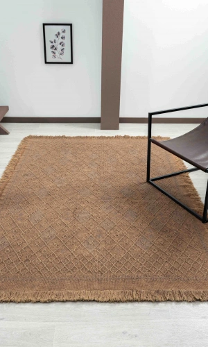 Antique PRM Light Brown - Dört Tarafı Saçaklı Pamuklu Yıkanabilir Kilim