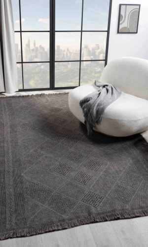 Antique SPT Antrasit Grey - Dört Tarafı Saçaklı Pamuklu Yıkanabilir Kilim
