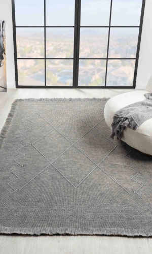 Antique MNC Grey - Dört Tarafı Saçaklı Pamuklu Yıkanabilir Kilim
