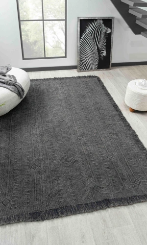 Antique TRK Antrasit Grey - Dört Tarafı Saçaklı Pamuklu Yıkanabilir Kilim