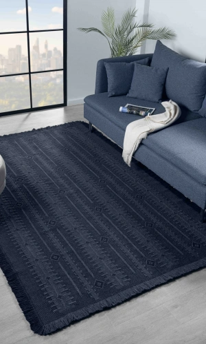 Antique TRK Dark Blue - Dört Tarafı Saçaklı Pamuklu Yıkanabilir Kilim