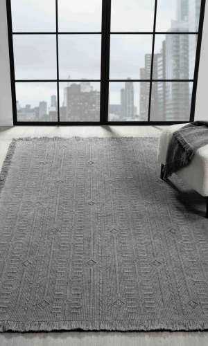 Antique TRK Grey - Dört Tarafı Saçaklı Pamuklu Yıkanabilir Kilim