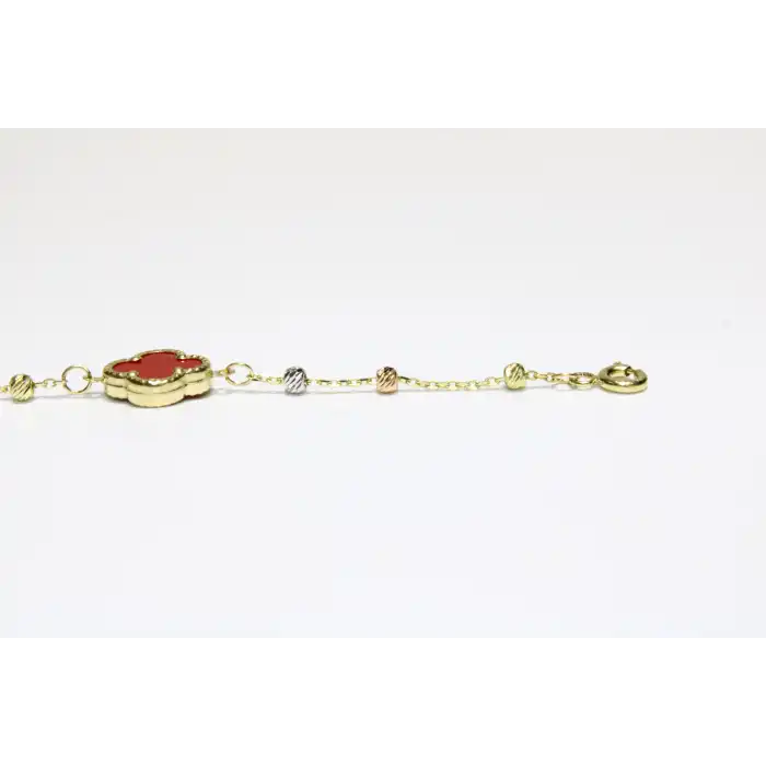 14 Ayar Altın 3 Yoncalı Dorikalı Kırmızı Taşlı Bileklik