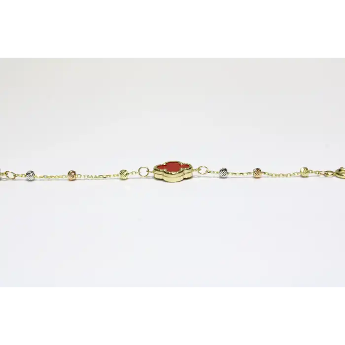 14 Ayar Altın 3 Yoncalı Dorikalı Kırmızı Taşlı Bileklik