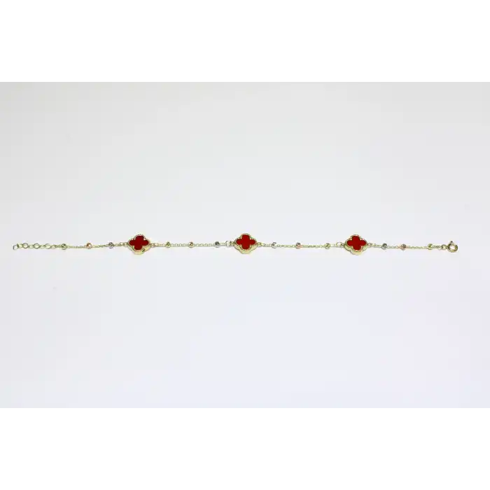 14 Ayar Altın 3 Yoncalı Dorikalı Kırmızı Taşlı Bileklik