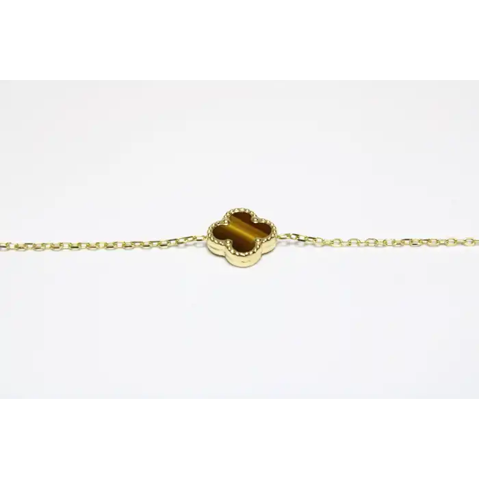 14 Ayar Altın 3 Yoncalı Kahverengi Taşlı Bileklik