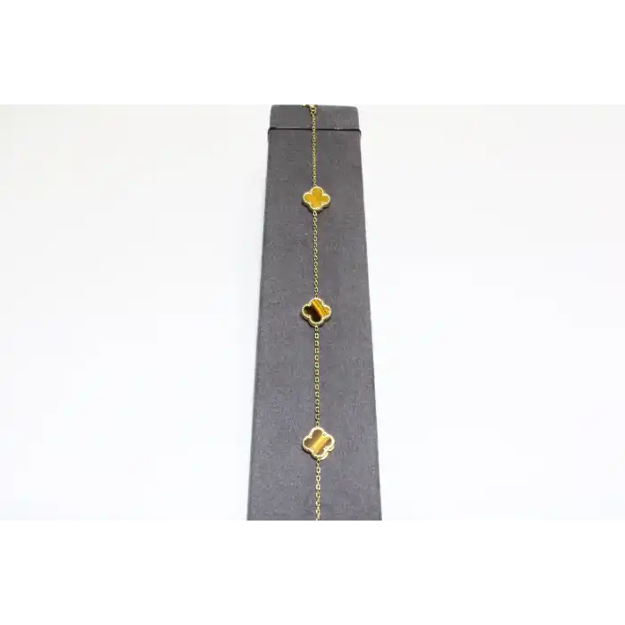 14 Ayar Altın 3 Yoncalı Kahverengi Taşlı Bileklik