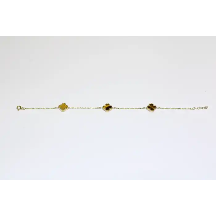 14 Ayar Altın 3 Yoncalı Kahverengi Taşlı Bileklik