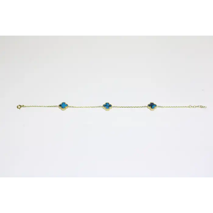 14 Ayar Altın 3 Yoncalı Mavi Bileklik