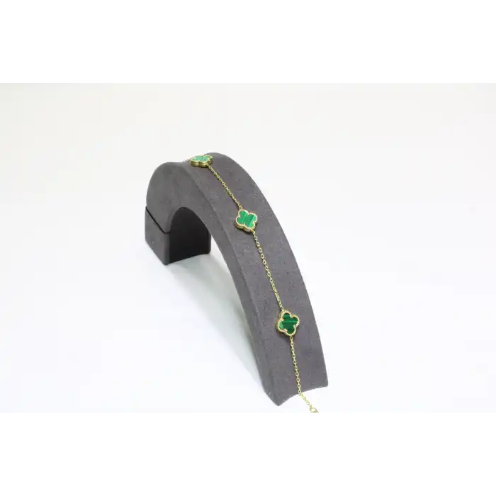 14 Ayar Altın 3 Yoncalı Yeşil Taşlı Bileklik