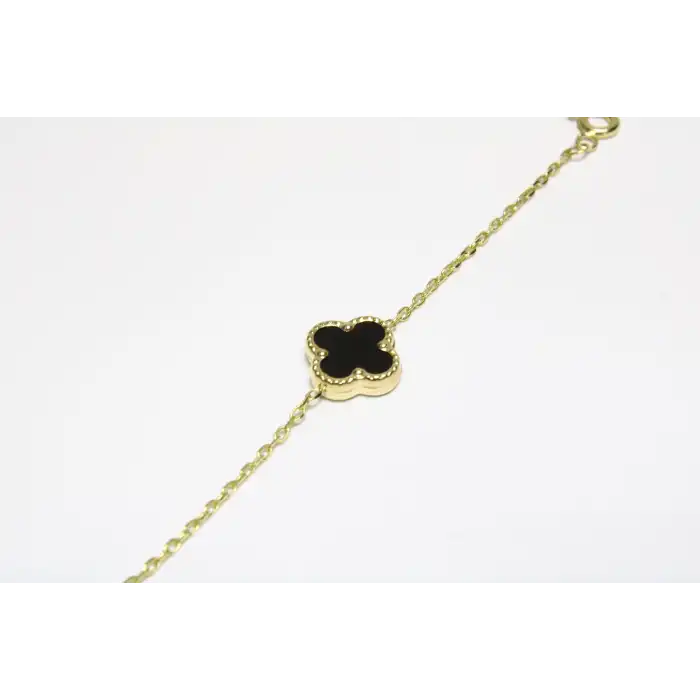 14 Ayar Altın 3 Yoncalı Siyah Taşlı Bileklik