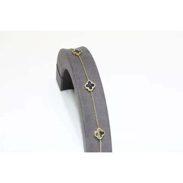 14 Ayar Altın 3 Yoncalı Siyah Taşlı Bileklik