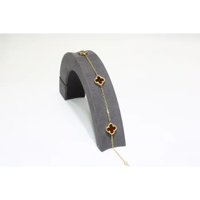 14 Ayar Altın 3 Yoncalı Kırmızı Taşlı Bileklik