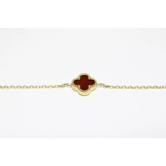 14 Ayar Altın 3 Yoncalı Kırmızı Taşlı Bileklik