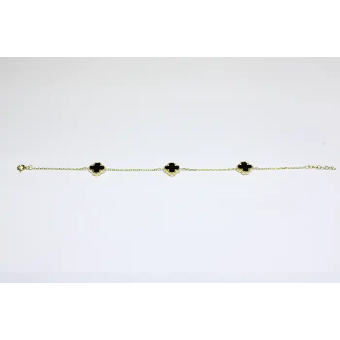 14 Ayar Altın 3 Yoncalı Siyah Taşlı Bileklik