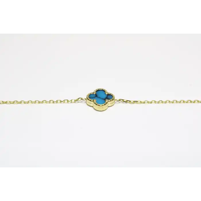 14 Ayar Altın 3 Yoncalı Mavi Bileklik