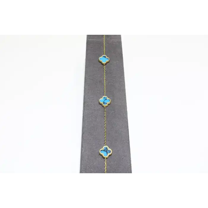 14 Ayar Altın 3 Yoncalı Mavi Bileklik