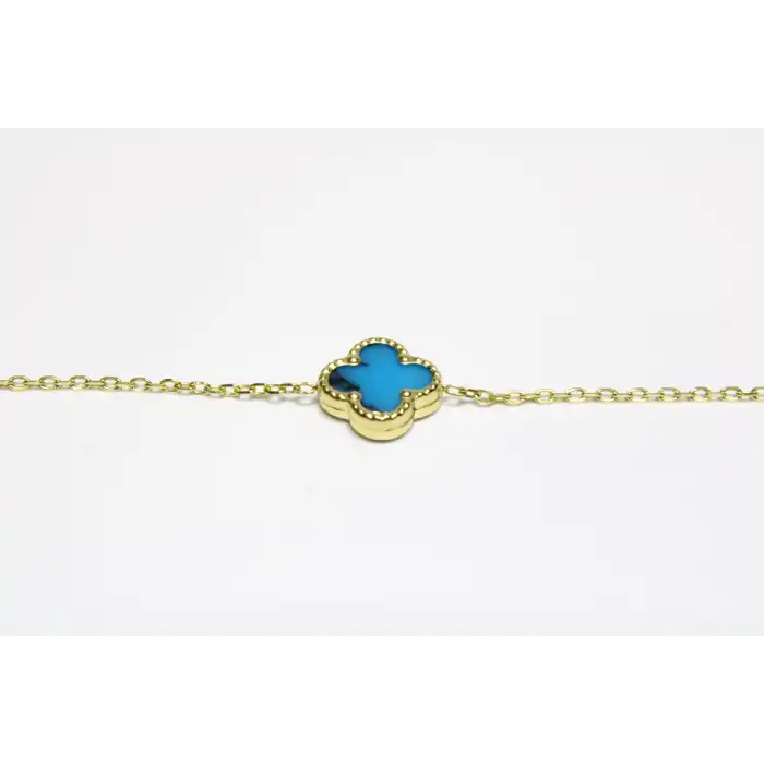 14 Ayar Altın 3 Yoncalı Mavi Bileklik