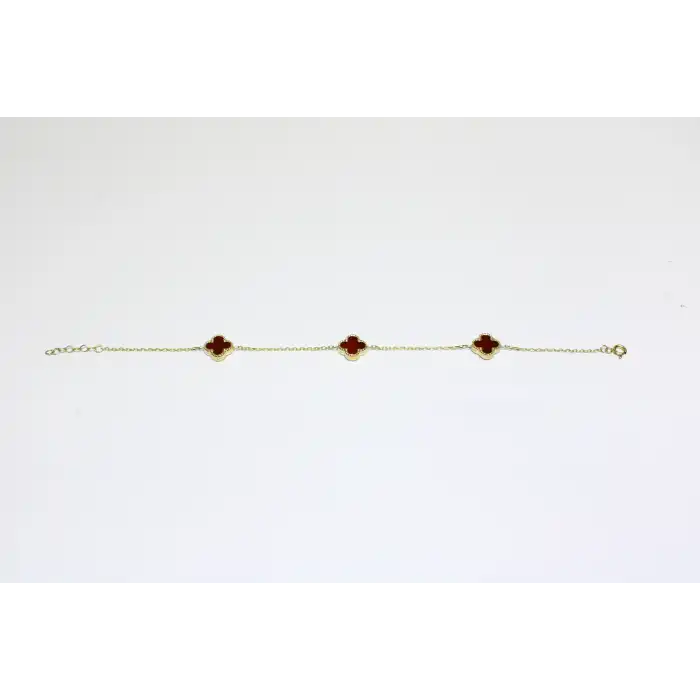 14 Ayar Altın 3 Yoncalı Kırmızı Taşlı Bileklik