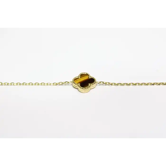 14 Ayar Altın 3 Yoncalı Kahverengi Taşlı Bileklik