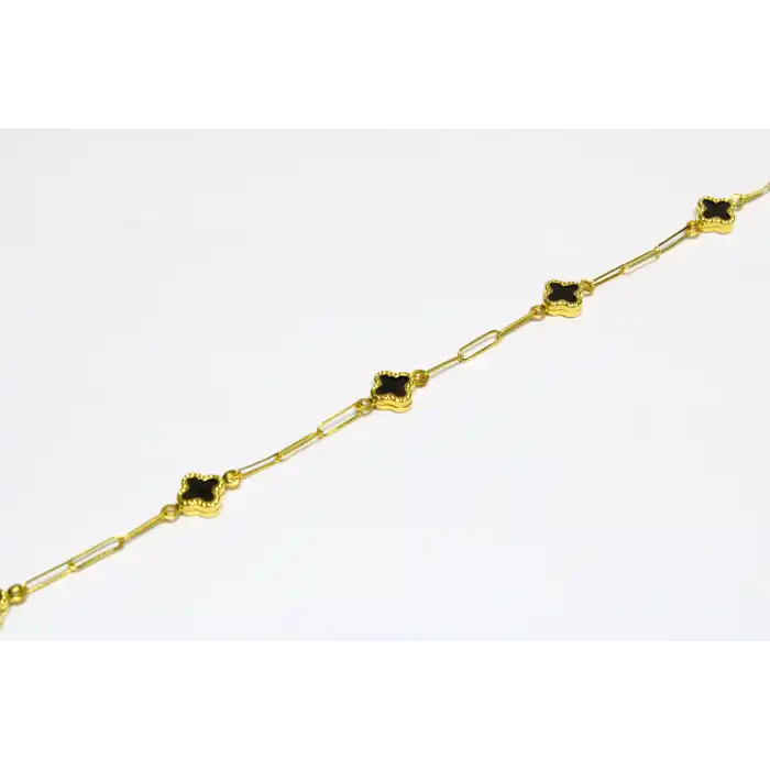 14 Ayar Altın 5 Yoncalı Siyah Taşlı Bileklik