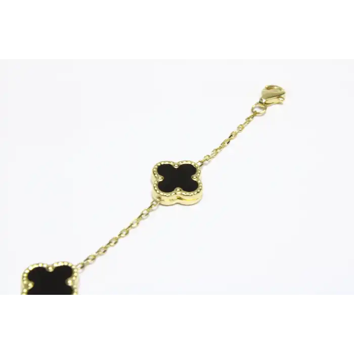 14 Ayar Altın 5 Yoncalı Siyah Taşlı Bileklik