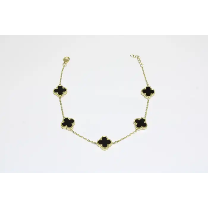 14 Ayar Altın 5 Yoncalı Siyah Taşlı Bileklik