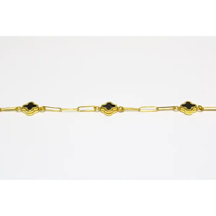 14 Ayar Altın 5 Yoncalı Siyah Taşlı Bileklik