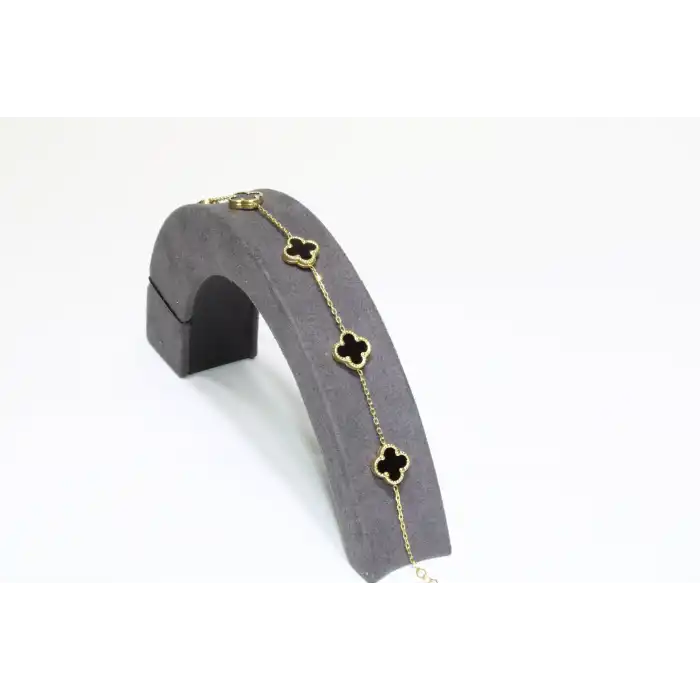 14 Ayar Altın 5 Yoncalı Siyah Taşlı Bileklik