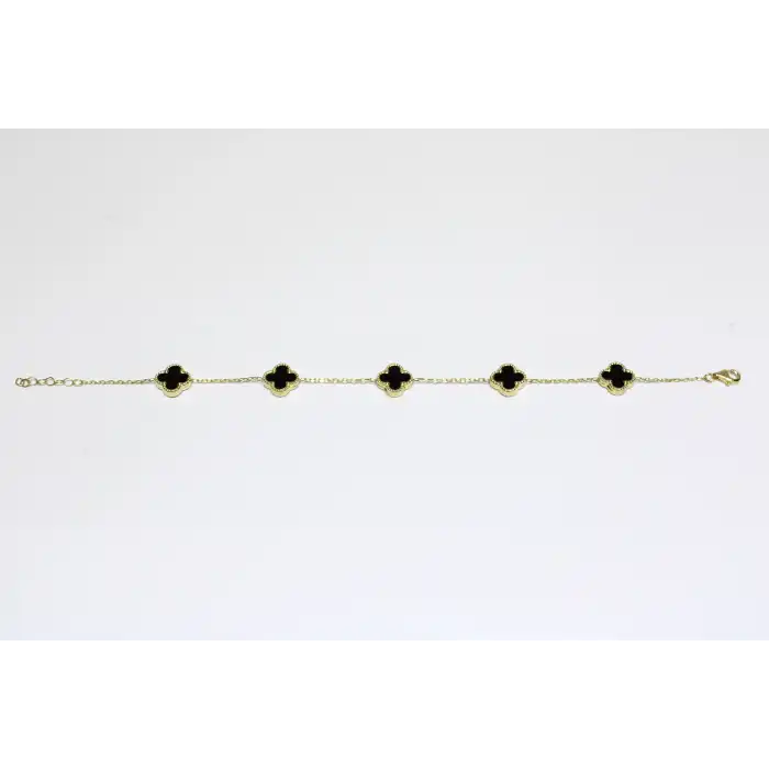 14 Ayar Altın 5 Yoncalı Siyah Taşlı Bileklik
