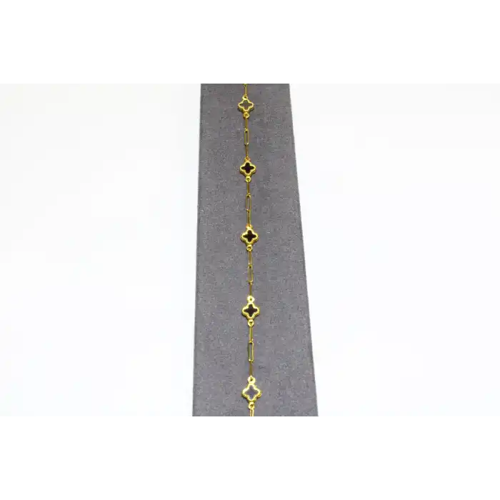 14 Ayar Altın 5 Yoncalı Siyah Taşlı Bileklik