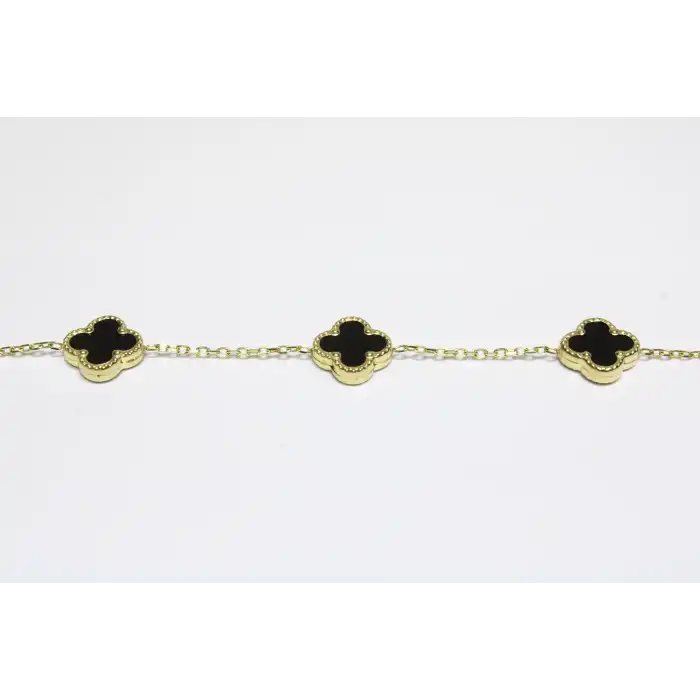 14 Ayar Altın 5 Yoncalı Siyah Taşlı Bileklik