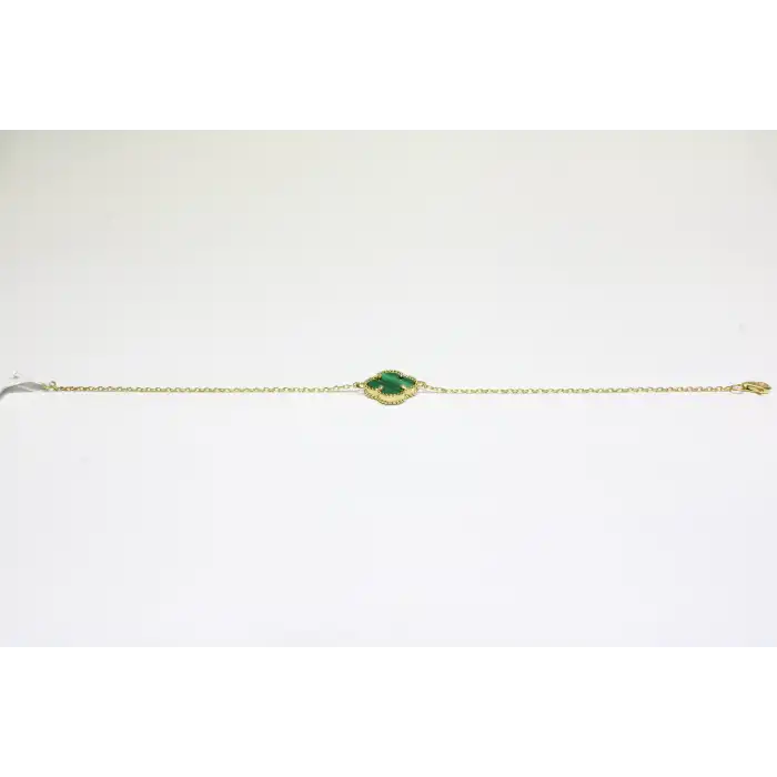 14 Ayar Altın Tek Yoncalı Yeşil Taşlı Bileklik