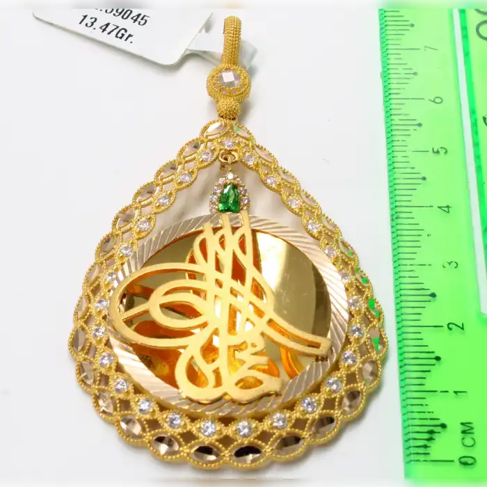 14 Ayar Ayna Tasarım Taşlı Tuğralı Kolye Ucu