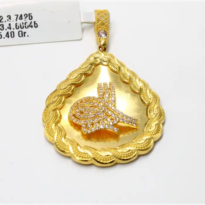 14 Ayar Örgülü Taşlı Tuğra Kolye Ucu