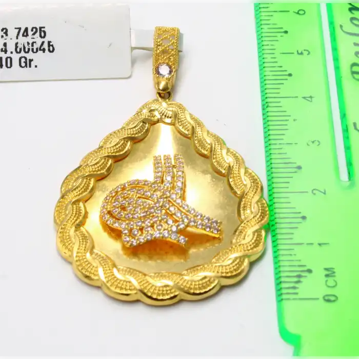 14 Ayar Örgülü Taşlı Tuğra Kolye Ucu