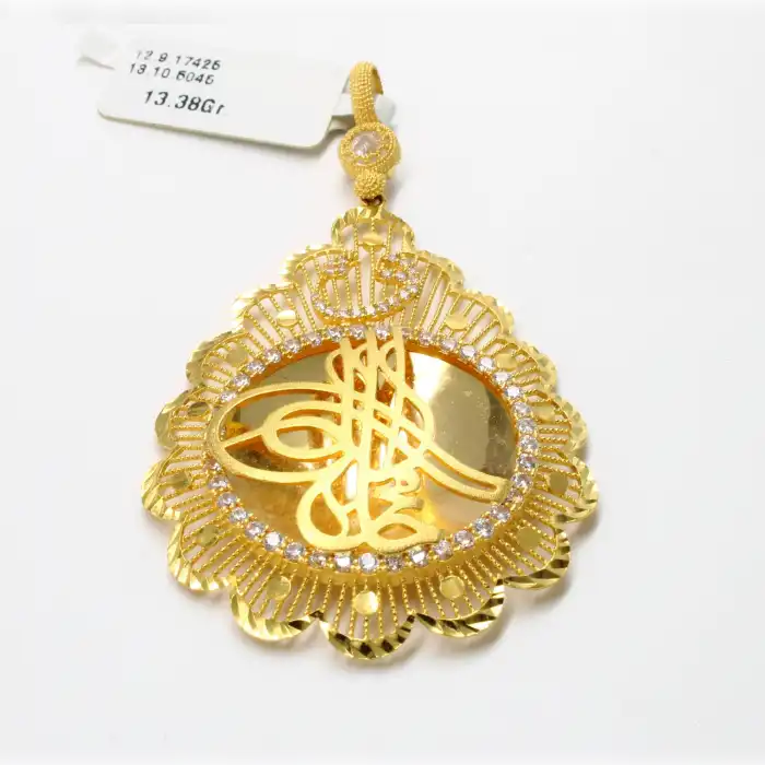 14 Ayar Vav Harfli Taşlı Tuğra Kolye Ucu