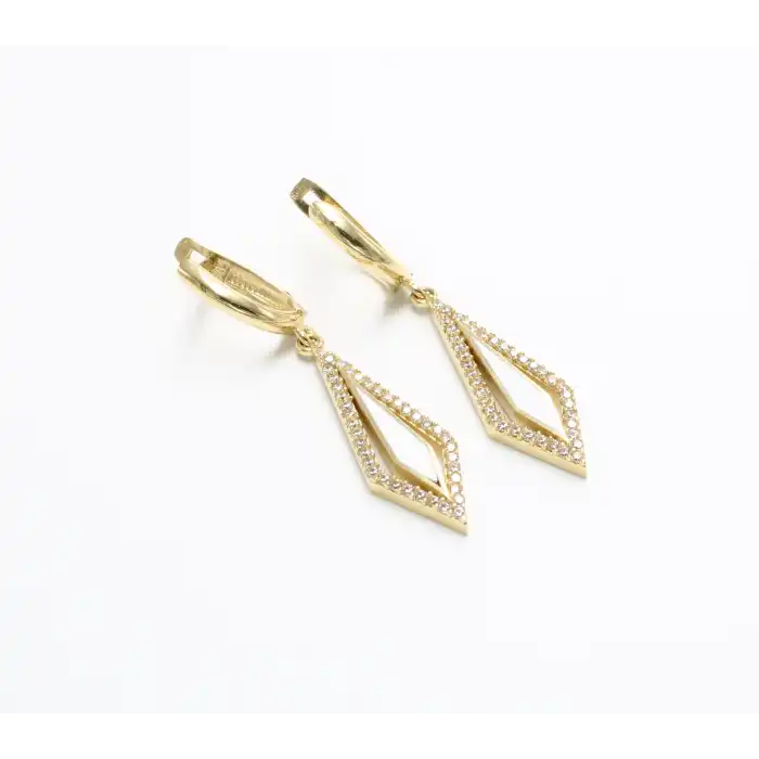 14 Ayar Yeşil Renk Taşlı Tasarım Küpe