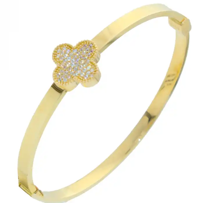 14 Ayar Yonca Taşlı Kelepçe Bilezik