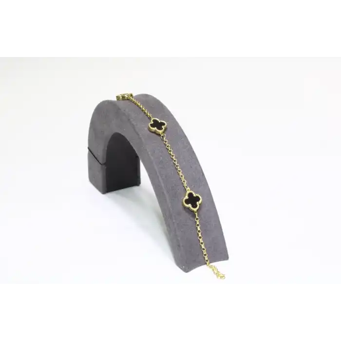 14 Ayar Altın 3 Yoncalı Siyah Taşlı Bileklik