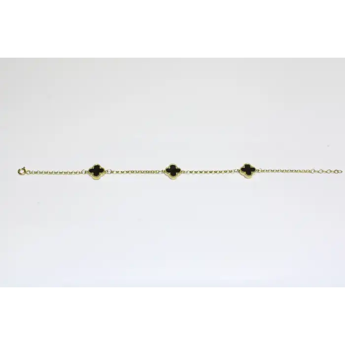 14 Ayar Altın 3 Yoncalı Siyah Taşlı Bileklik