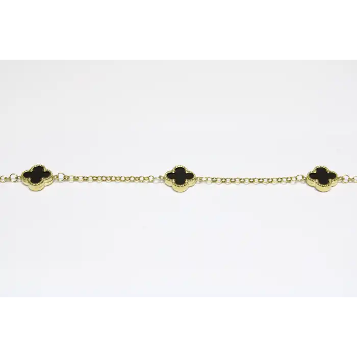 14 Ayar Altın 3 Yoncalı Siyah Taşlı Bileklik