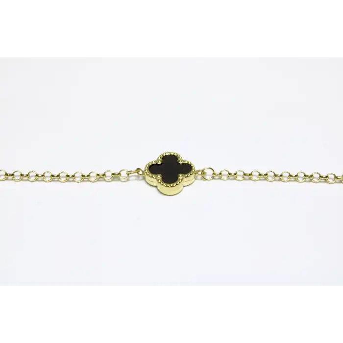 14 Ayar Altın 3 Yoncalı Siyah Taşlı Bileklik