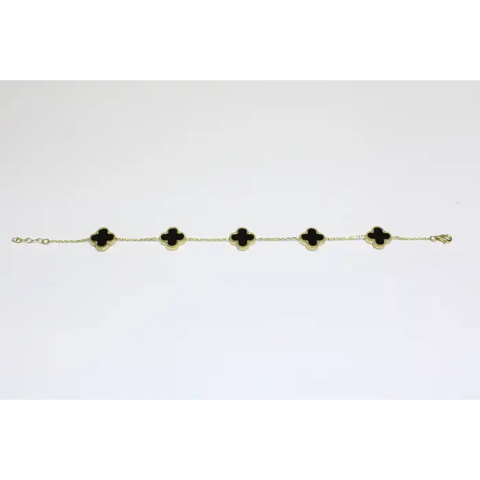 14 Ayar Altın 5 Yoncalı Siyah Taşlı Bileklik