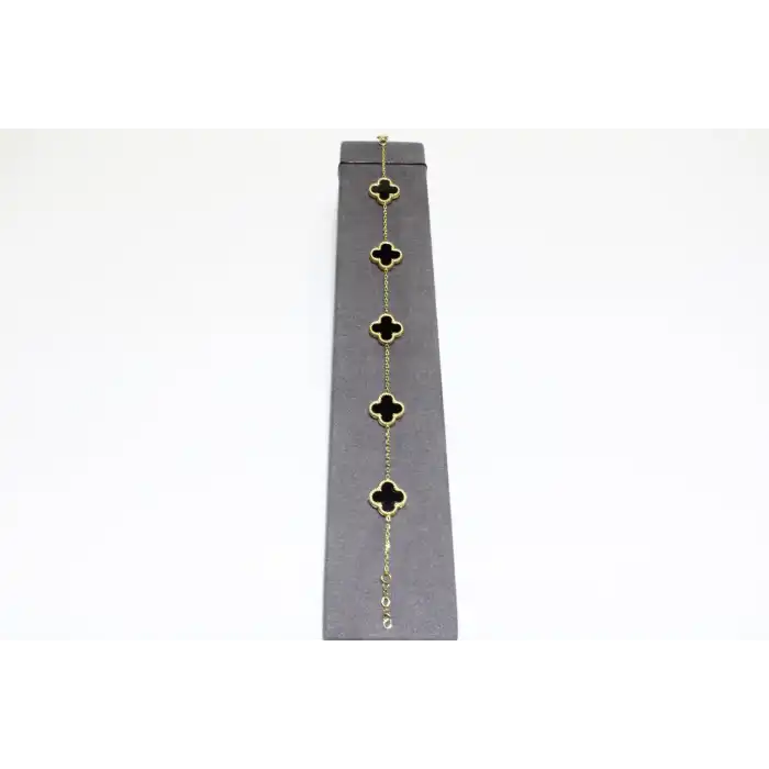 14 Ayar Altın 5 Yoncalı Siyah Taşlı Bileklik