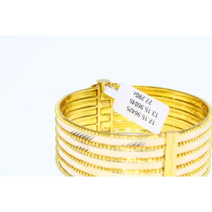 14 Ayar Altın 5 Sıralı Lazer Kesim Dorikalı Aynalı Kelepçe Bilezik 27.28