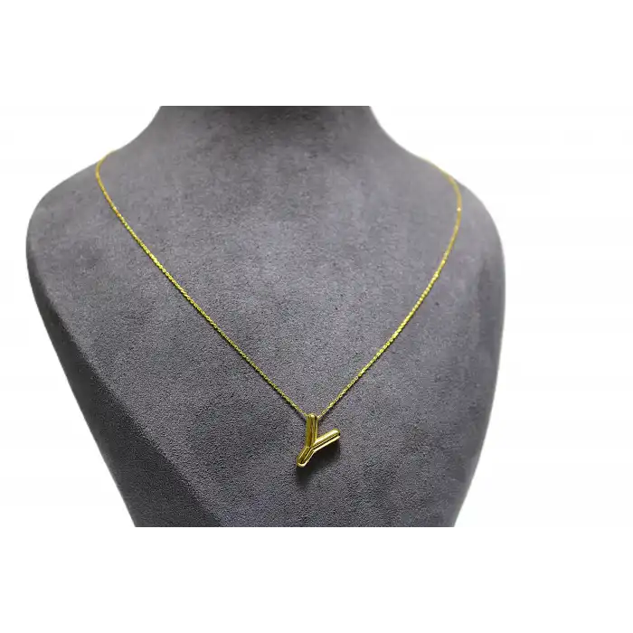 14 Ayar Gerçek Altın Y Harfi Kolye Ucu Zinciri