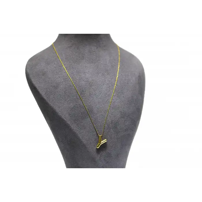 14 Ayar Gerçek Altın Y Harfi Kolye Ucu Zinciri