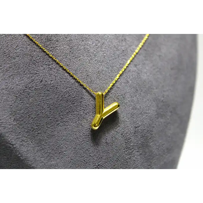14 Ayar Gerçek Altın Y Harfi Kolye Ucu Zinciri